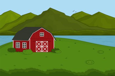 Vektör çizgisi karikatürü. Yaz baharı manzarası. Field House River Illustrasyon ile kırsal alan. El çizimi kırmızı ahır, dağlar, orman ağaçları çalılar, nehir veya göl, gökteki kuşlar.