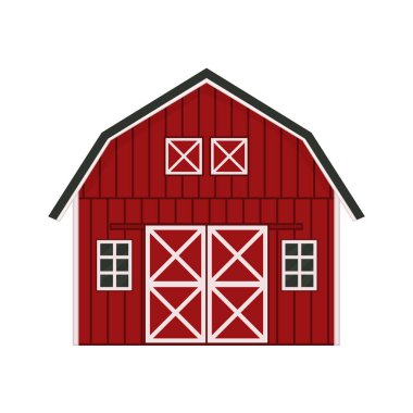 Çizgi film karalaması kırmızı ahşap ahşap ev, gri çatı, çapraz beyaz kapılı pencereler ve kapılar. Beyaz arkaplan, ön görünüm üzerine izole edilmiş el çizimi