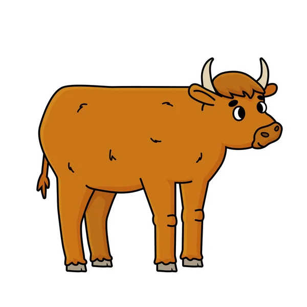 Vector Brown Doodle Outline Domestic Male Cow Bull Cute Cartoon — Stock Vector