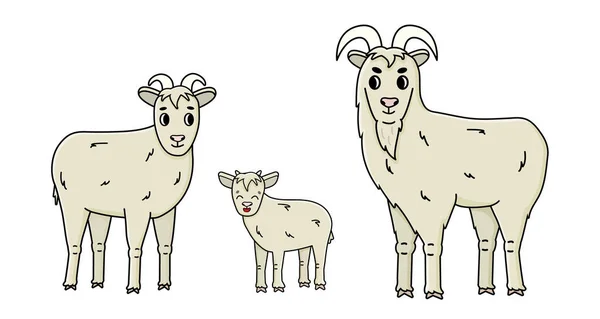 Set Simpatico Divertente Vettore Doodle Cartone Animato Fattoria Capra Famiglia — Vettoriale Stock