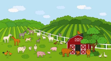 Kırsal kesimdeki evcil hayvan çiftliğindeki sevimli ana hatlı vektör çizgi film hayvanları. Doodle Koyun, İnek Dana Dana Tavuk, Horoz Keçi Anne ve Bebek, Kedi Tavşan Tavşan, At, Tarla Ormanı, Kızıl Ahır Evi