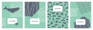 Deniz hayvanları ve soyut örtülerdeki dalgalar tasarımı oluşturdu. Not defterleri, planlayıcılar, broşürler, kitaplar, kataloglar için vektör geometrik arkaplan çizimi