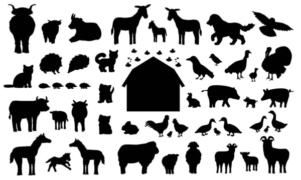 Set Silhouette Cartoni Animati Animali Fattoria Raccolta Vettoriale Fienile Legno — Vettoriale Stock