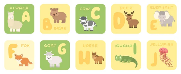 Cute vector A-J zoo alphabet isolated education cards with cartoon animals. Alpaca bear cow deer elephant fox goat horse iguana jellyfish, flat style — Stock Vector