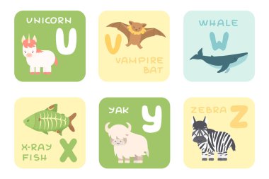 Cute U-Z alphabet cards with cartoon rainforest sea ocean African animals. Vector zoo illustrations. Unicorn, vampire bat, whale, x-ray fish, yak, zebra animals, flat style