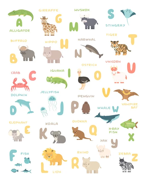 Cute cartoon simple savannah and forest animals and English alphabet poster. Vector educational illustration on white background — Stock Vector