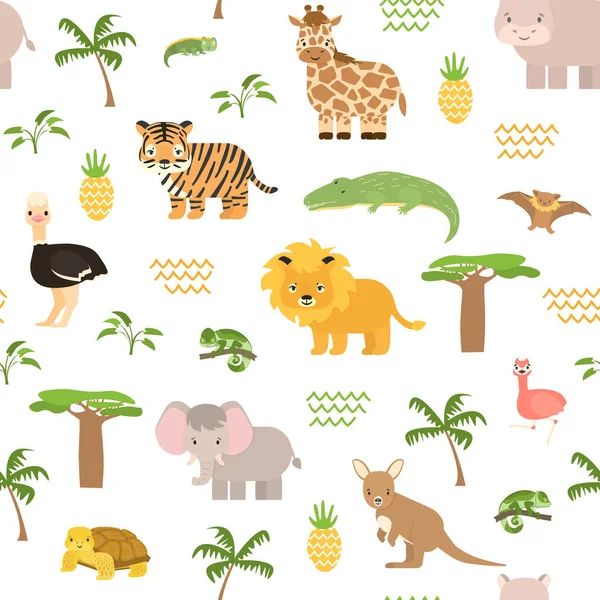 Safari Summer Animals Seamless Pattern Cute Vector Chameleon Crocodile Lion — Stock Vector