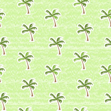 Summer nature palm trees seamless pattern. Vector illustration on green background. Shabby, aged effect