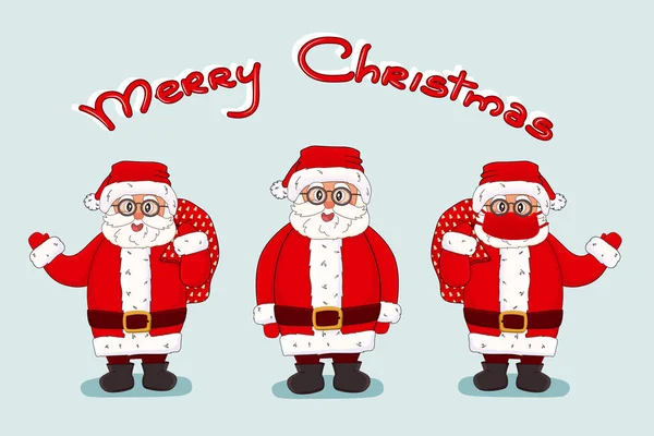 Vector Santa Claus Set Merry Christmas Lettering Text Cartoon Happy — Διανυσματικό Αρχείο