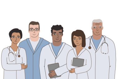 Dizüstü bilgisayarlı, steteskoplu bir grup doktor kameraya bakıyor. Beyaz arkaplanda vektör düz izole illüstrasyon