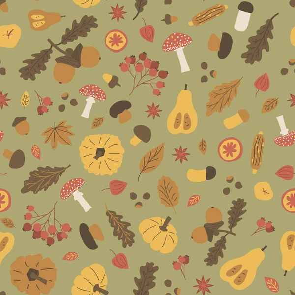Autumn Halloween Seamless Pattern Vector Illustration Acorn Boletus Fly Agaric — Stock Vector