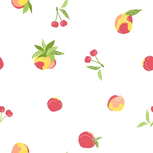Frutas frescas bagas sem costura padrão. Ilustração vetorial de cerejas isoladas, pêssegos, ameixas, nectarinas com folhas sobre fundo branco em estilo plano — Vetor de Stock