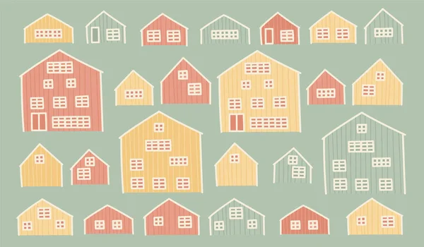 一套红色 绿色的欧洲木制房屋 矢量漫画手绘隔离建筑 — 图库矢量图片