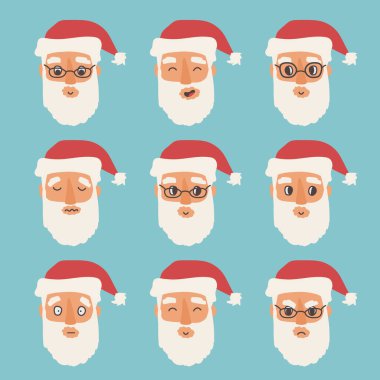 Set of isolated Santa Claus emotions. Happy, sad, wondered and angry Santa avatar faces. Vector illustration