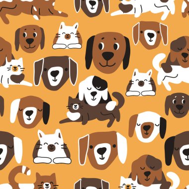 Şirin kedi ve köpeklerin çocuksu kusursuz deseni. Evcil hayvanların vektör çizimi. Çocuk kitapları için ya da kahverengi beyaz renkli kıyafetler için kullanılabilir.