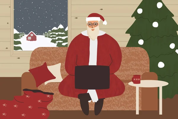 Άγιος Βασίλης Κάθεται Στον Καναπέ Laptop Ξύλινο Σπίτι Online Βιντεοδιάσκεψη — Διανυσματικό Αρχείο