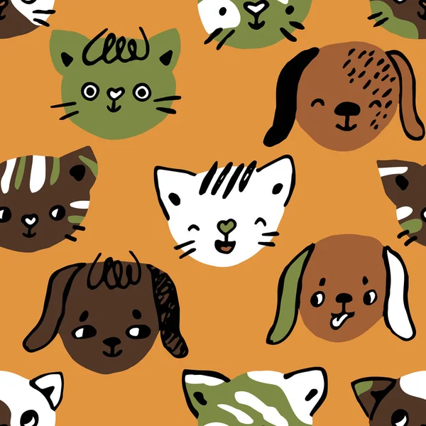 Chiens et chats vectoriels dessinés à la main motif sans couture. Animaux mignons têtes avec des émotions illustration pour les enfants — Image vectorielle