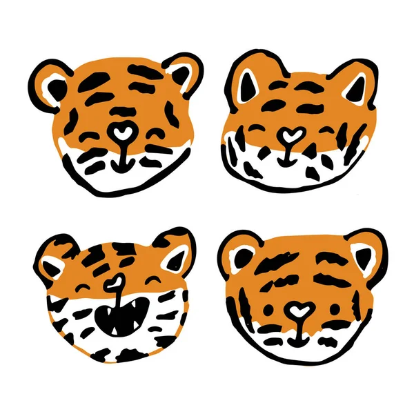 Set Cute Funny Young Tigers Heads Happy Vector Isolated Animals — Stock Vector