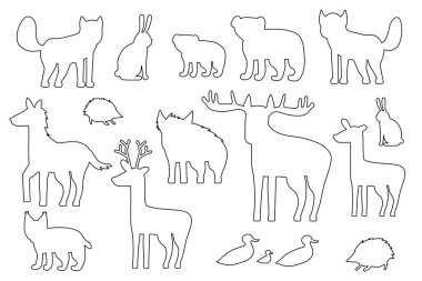 Bir grup siyah beyaz siluet orman hayvanı. Çizgi film izole edilmiş vektör tilki, kurt, ayı, ayı yavrusu, geyik, nadasa geyik, kirpi, tavşan, ördek, ördek, vaşak, at, yaban domuzu.