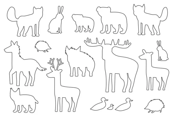 一组黑色白色的轮廓森林动物 卡通分离的病媒狐狸 熊宝宝 休养鹿 — 图库矢量图片