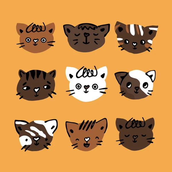 Set Schattige Kittens Katten Alleen Hoofd Portretten Vector Hand Getekend — Stockvector