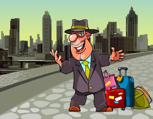 Cartoon cheerful man with the suitcases in a big city — Stock Vector