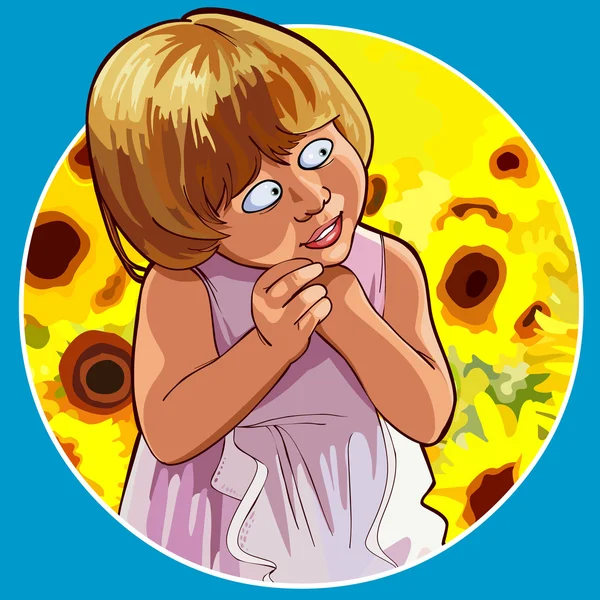 Γελοιογραφία αστείο μικρό κορίτσι ντροπαλός στέκεται στο Ηλιοτρόπια — Διανυσματικό Αρχείο