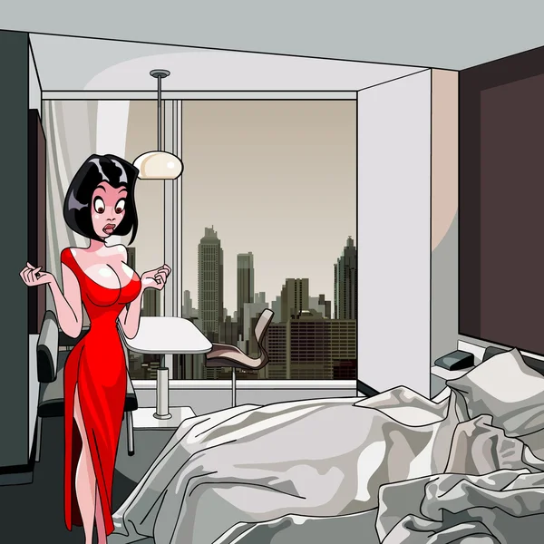 漫画に驚く女性が寝室に立っています。 — ストックベクタ