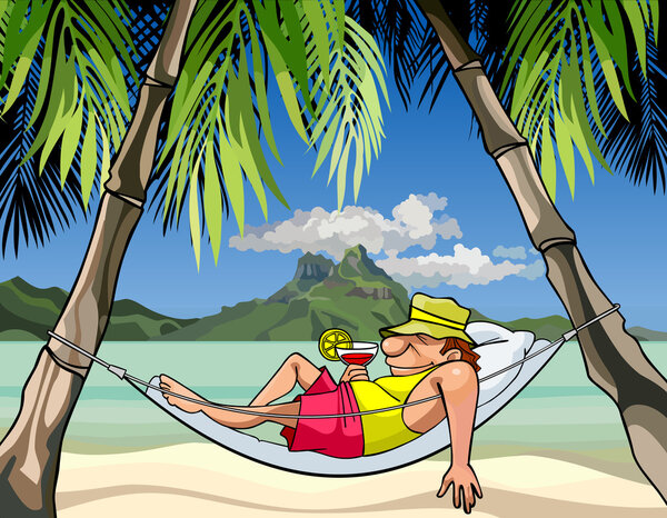 cartoon man in a hammock between palm trees