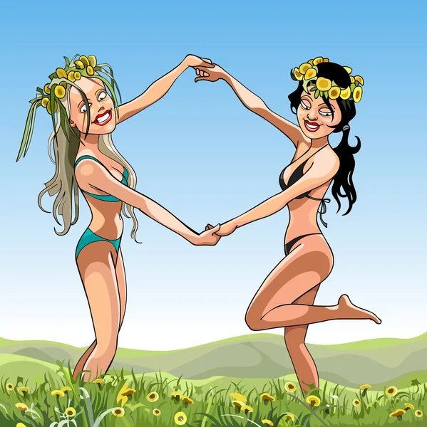 草原を舞う彼らの頭に花輪と水着で 2 人の女の子 — ストックベクタ
