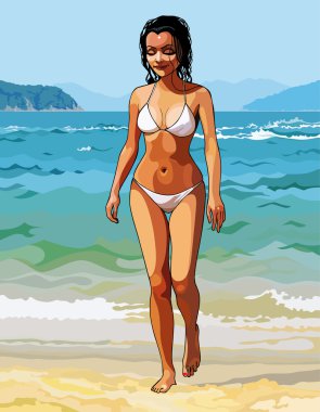 Beyaz bikinili kumsalda yürüyen güzel bir kız çizgi film