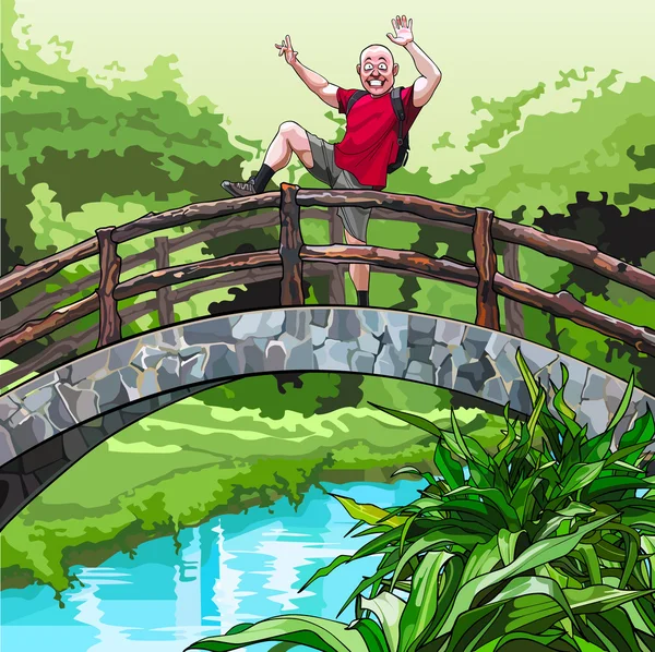 Ragazzo dei cartoni animati con uno zaino, scherzare sul ponte decorativo nel parco — Vettoriale Stock
