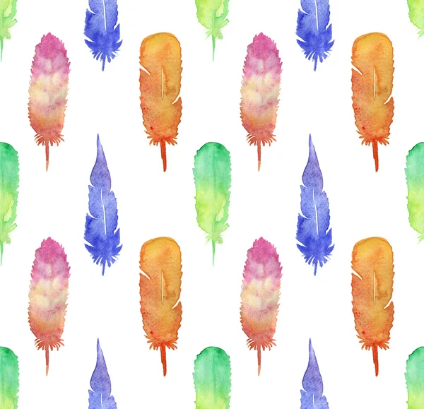 Акварель ручной работы с бесшовным рисунком с красочными перьями — стоковое фото