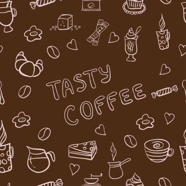 Lezzetli kahve elle çizilmiş vektör seamless modeli doodles