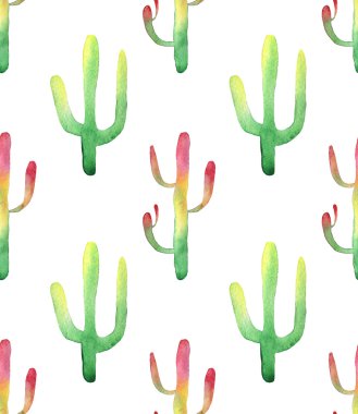 Suluboya kaktüs seamless modeli. Renkli canlı kaktüs succulents