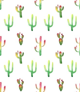 Suluboya kaktüs seamless modeli. Renkli canlı kaktüs succulents