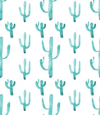 Suluboya kaktüs seamless modeli. Renkli canlı turkuaz kaktüs succulents