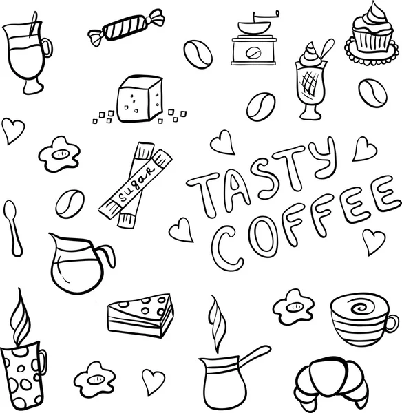 Vector set of tasty coffee hand drawn doodles — Stock Vector