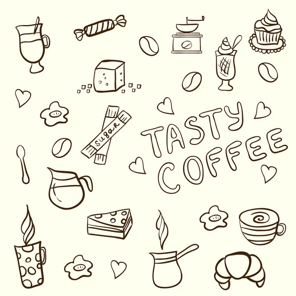 Vector set of tasty coffee hand drawn doodles — Stock Vector