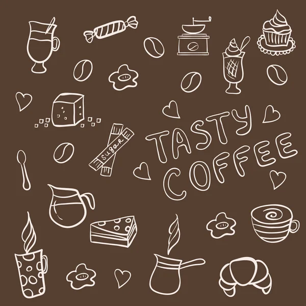 Vector set of tasty coffee hand drawn doodles — Stock Vector