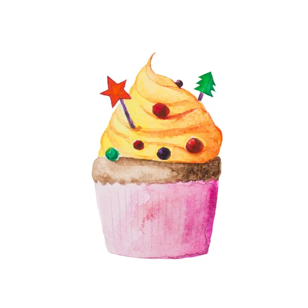 Christmas and New Year watercolor cupcake — Stock Photo, Image