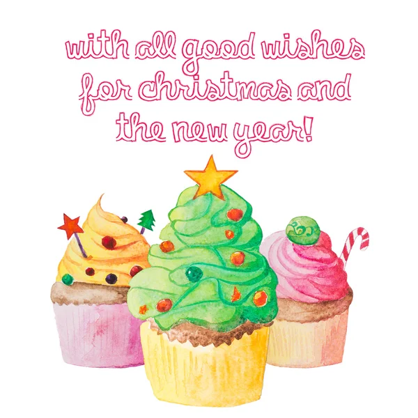 Weihnachten und Neujahr Aquarell Cupcake Grußkarte — Stockfoto