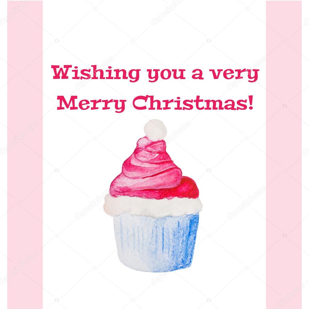 Christmas and New Year watercolor cupcake gretting card