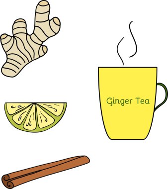 Soğuk algınlığı ve grip doğal rahatlama vektör bitkisel çay seti. Zencefil, limon, limon, tarçın. İzole görüntü. Elle çizilmiş stili.