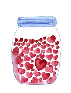 Watercolor hand drawn bottle with hearts inside
