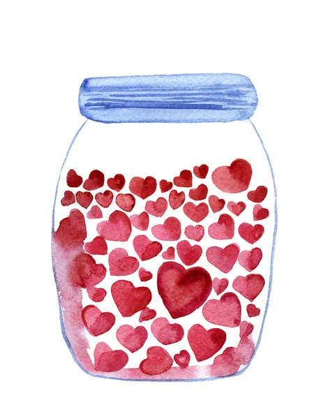 Watercolor hand drawn bottle with hearts inside — Stockfoto