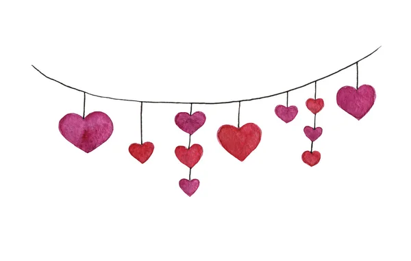 Watercolor hand drawn heart garland with red hearts — Stock Photo, Image