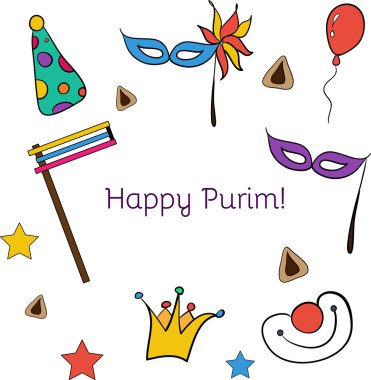 Purim Yahudi tatil için ayarla çizilmiş öğeleri el: karnaval maske ve şapkalar, geleneksel Hamantaschen tanımlama bilgileri