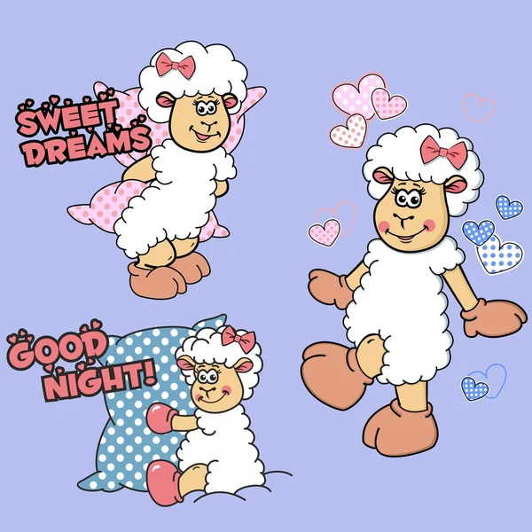 Vektoros illusztráció vicces rajzfilm bárányok, szív, feliratok "jó éjszakát" és "sweet dreams" kék és rózsaszín tónusok. Rajz a témában, az alvás és pihenés. Három bájos birkák rózsaszín íjak elszigetelt semleges háttéren különböző póz — Stock Vector