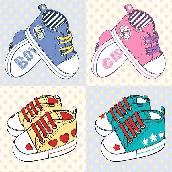 Ilustración de bonitas zapatillas de bebé con cordones, chevron, bordados y estampado (modelo clásico). Zapatillas deportivas rosas para geles y zapatos azules para niños. Las primeras zapatillas. Textura sin costuras con estrellas como fondo . — Vector de stock